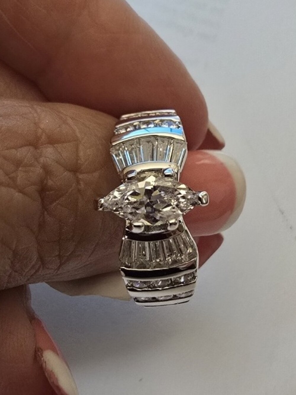Silver  Solitaire Cocktail Ring Cubic Zirconia  Sizes 10 11 12  Marquise Cut *